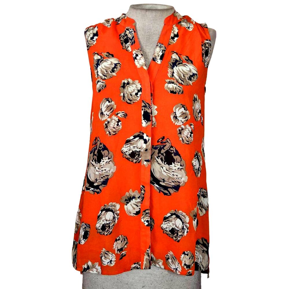Orange Floral Sleeveless Button Up Blouse Size Small